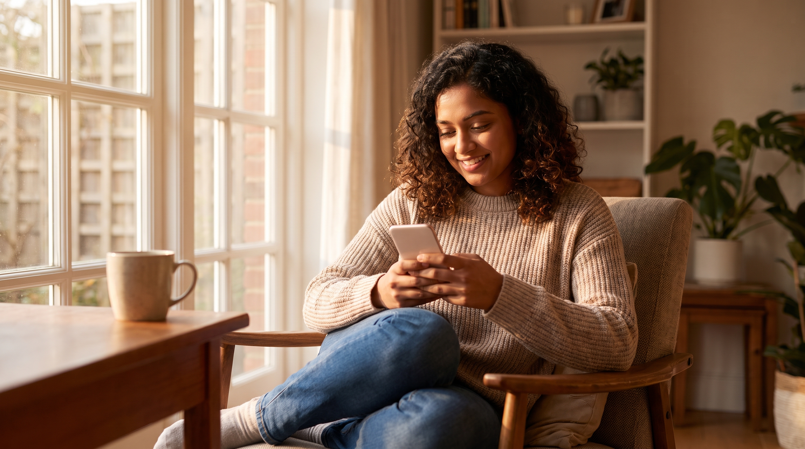 woman reading whatsapp message from long distance partner