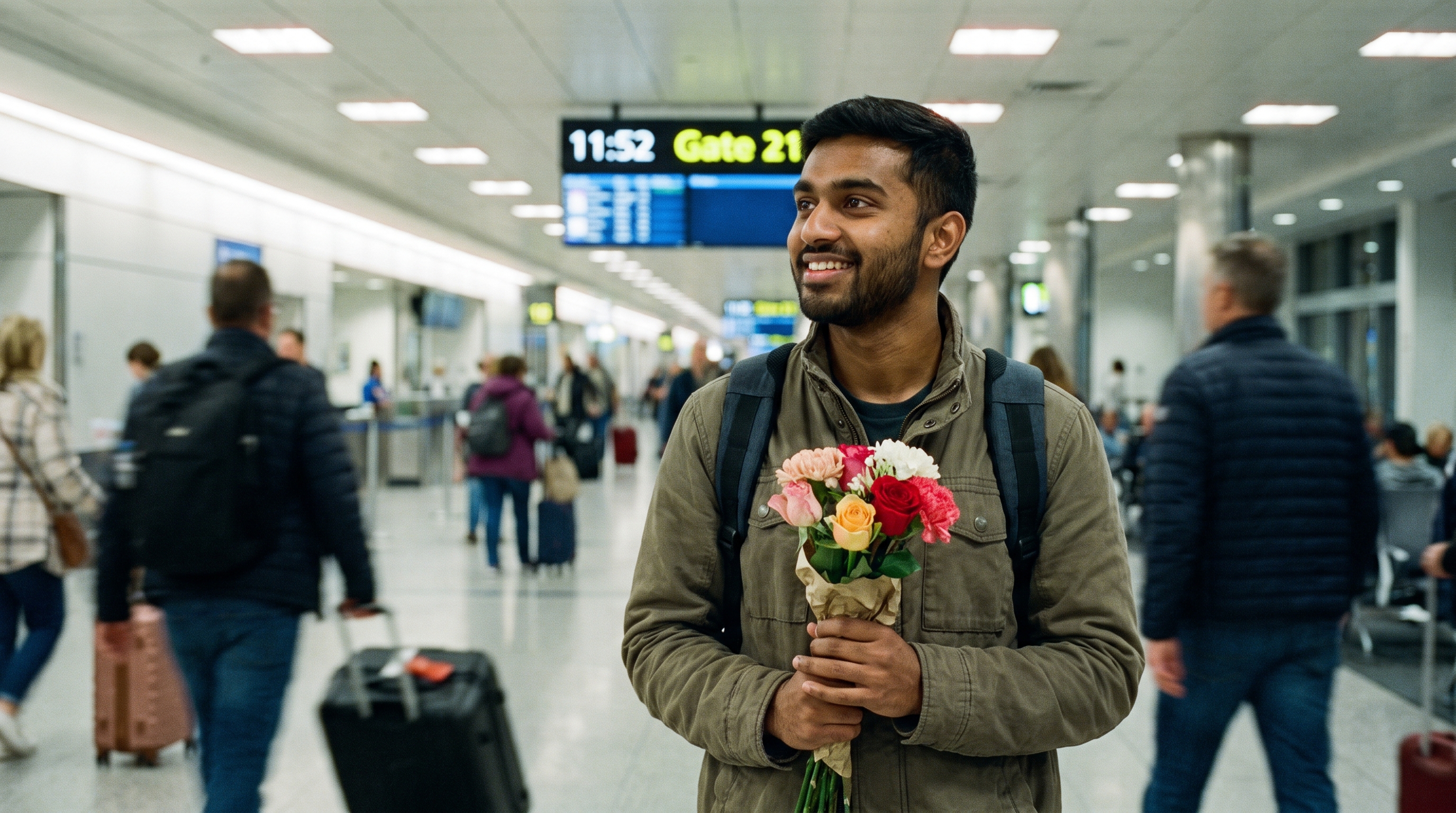 man waiting at airport for long distance relationship reunion