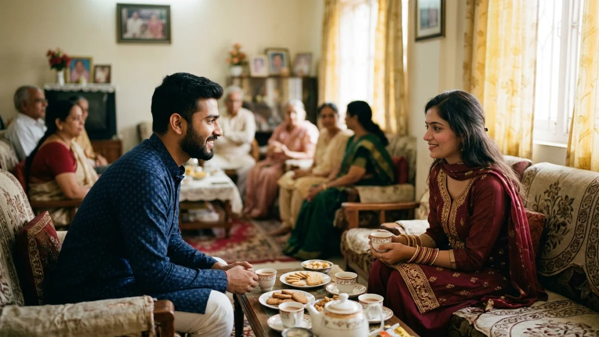 South Asian man and woman meeting for the first time in an arranged marriage setting, family in the background