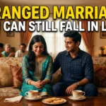 Young South Asian couple sitting shyly together at their first arranged marriage meeting