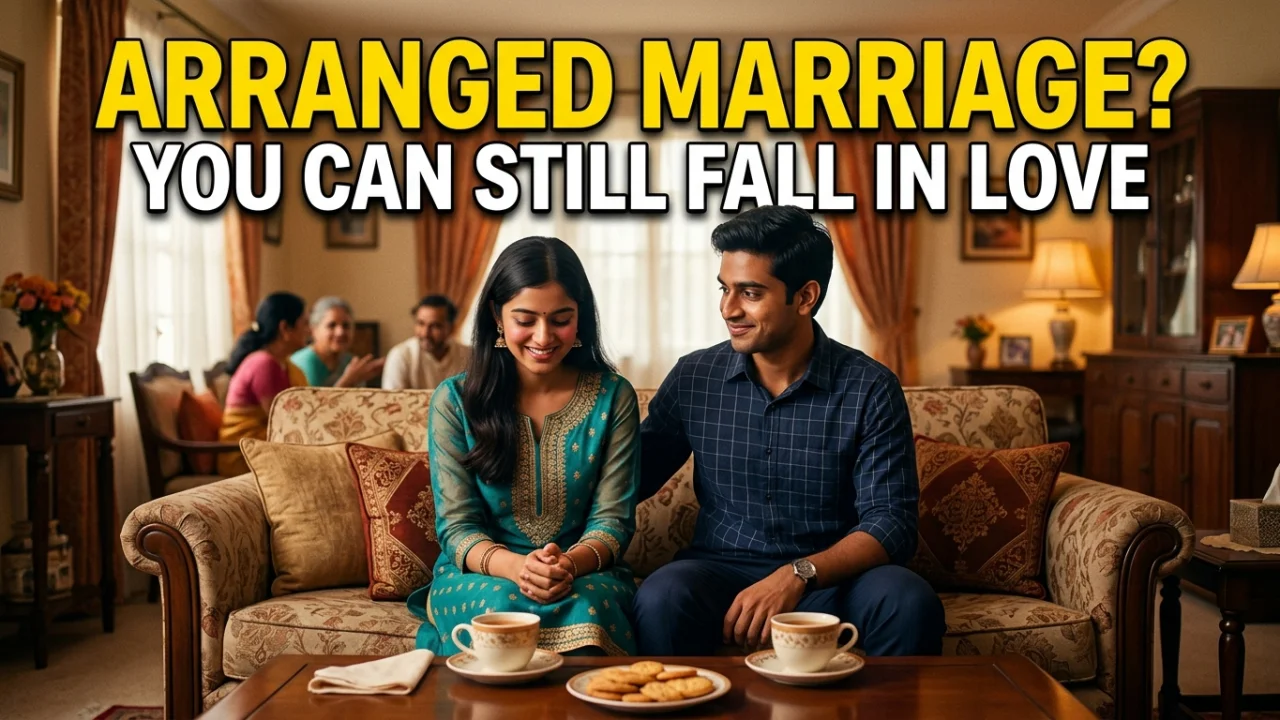 Young South Asian couple sitting shyly together at their first arranged marriage meeting