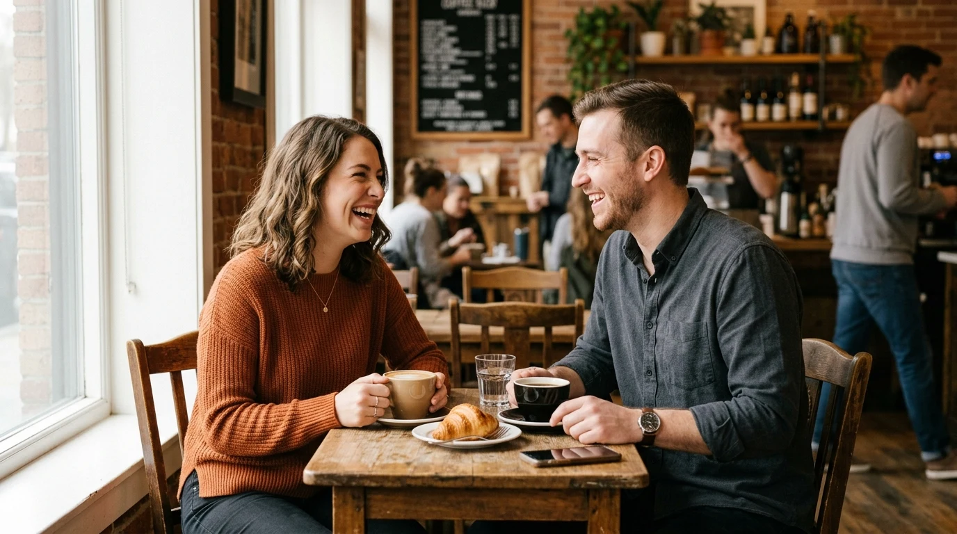 Couple laughing together on a coffee shop dating match date