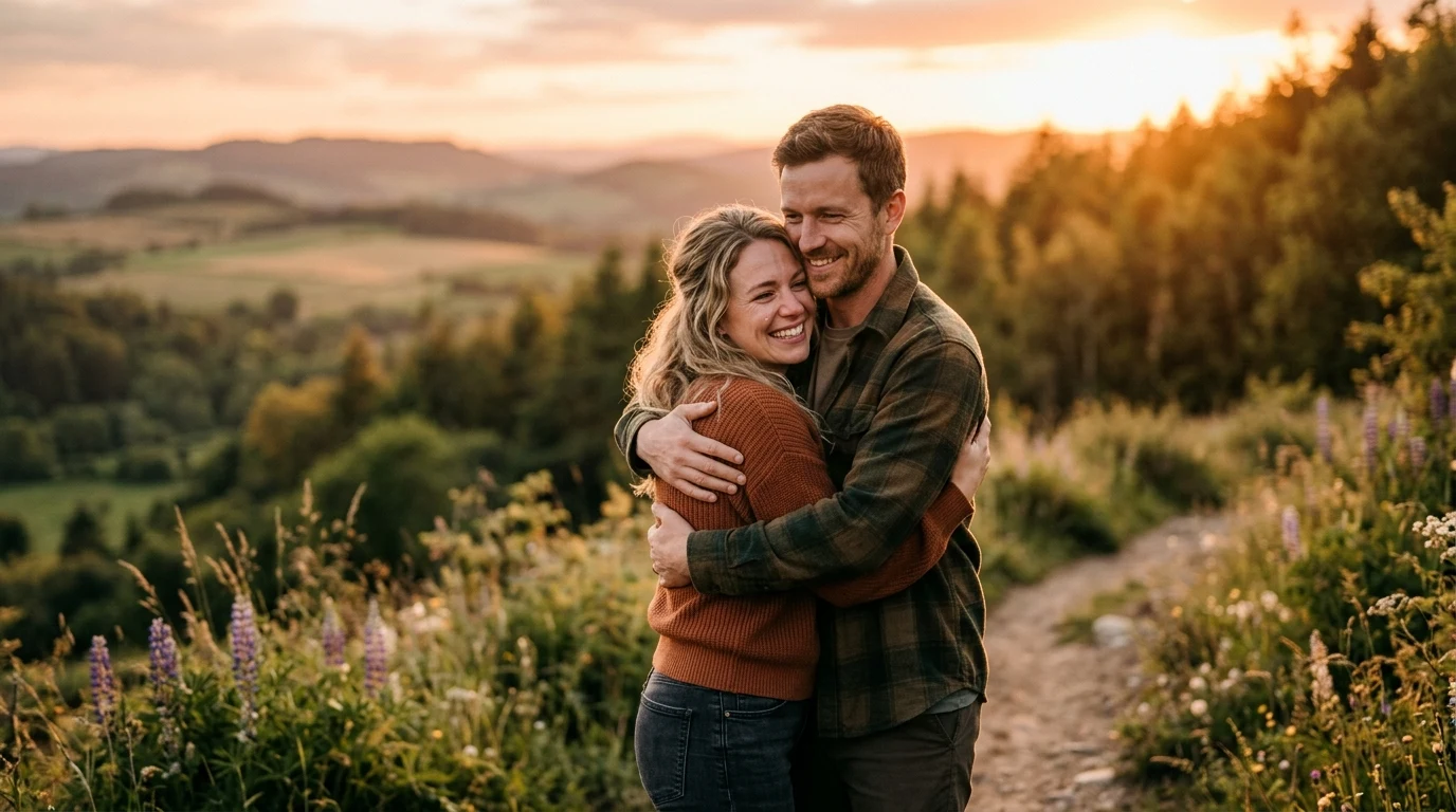 Couple embracing and reconciling outdoors during sunset