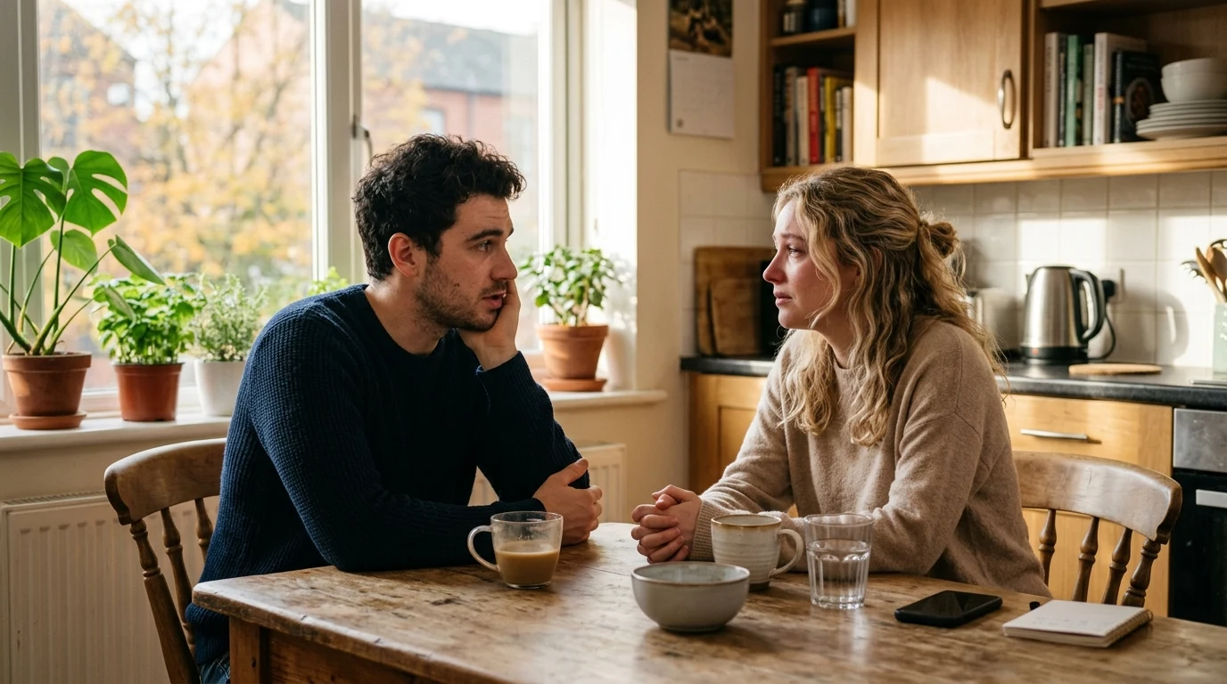 Couple having a serious conversation about trust at the kitchen table