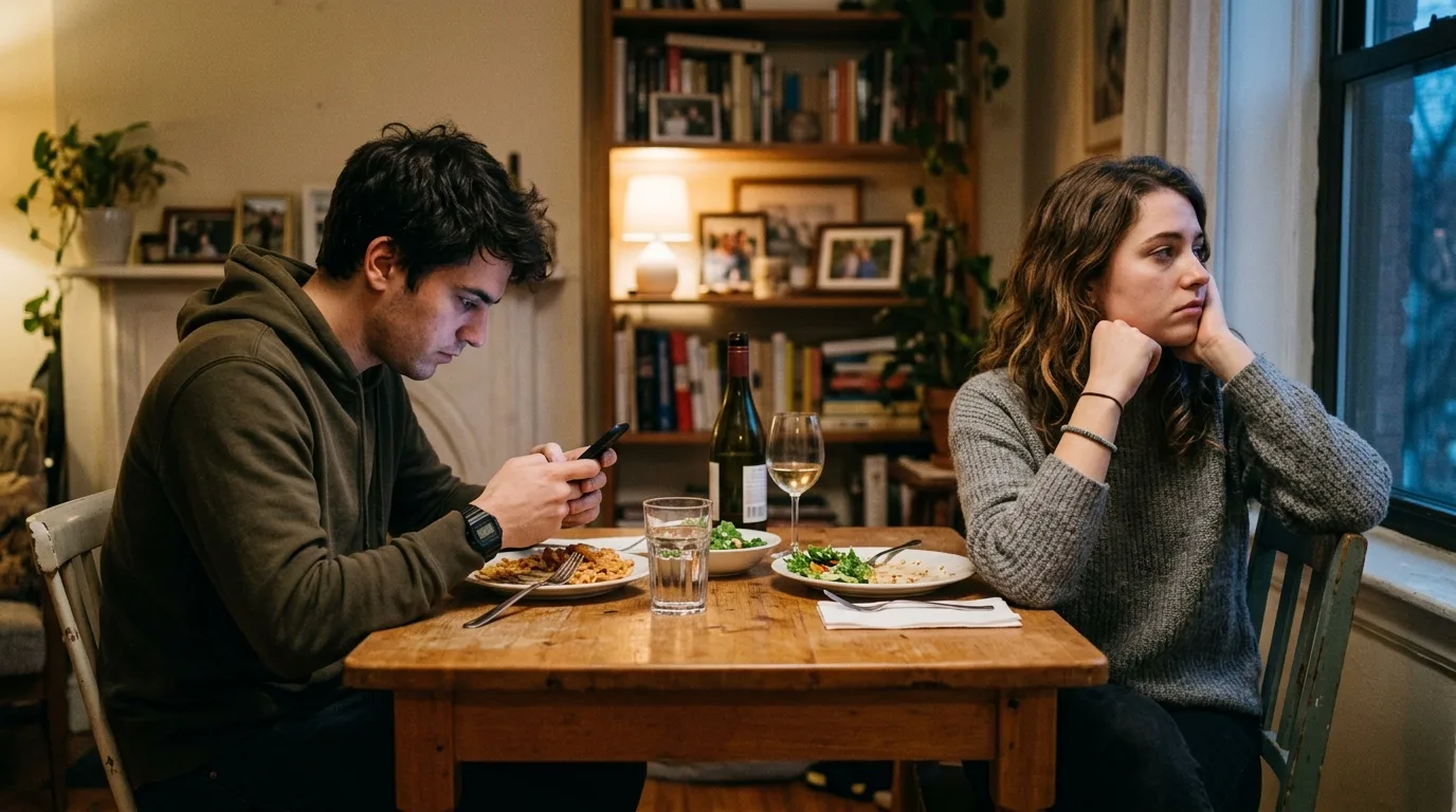 Couple eating dinner in silence showing emotional distance in relationship