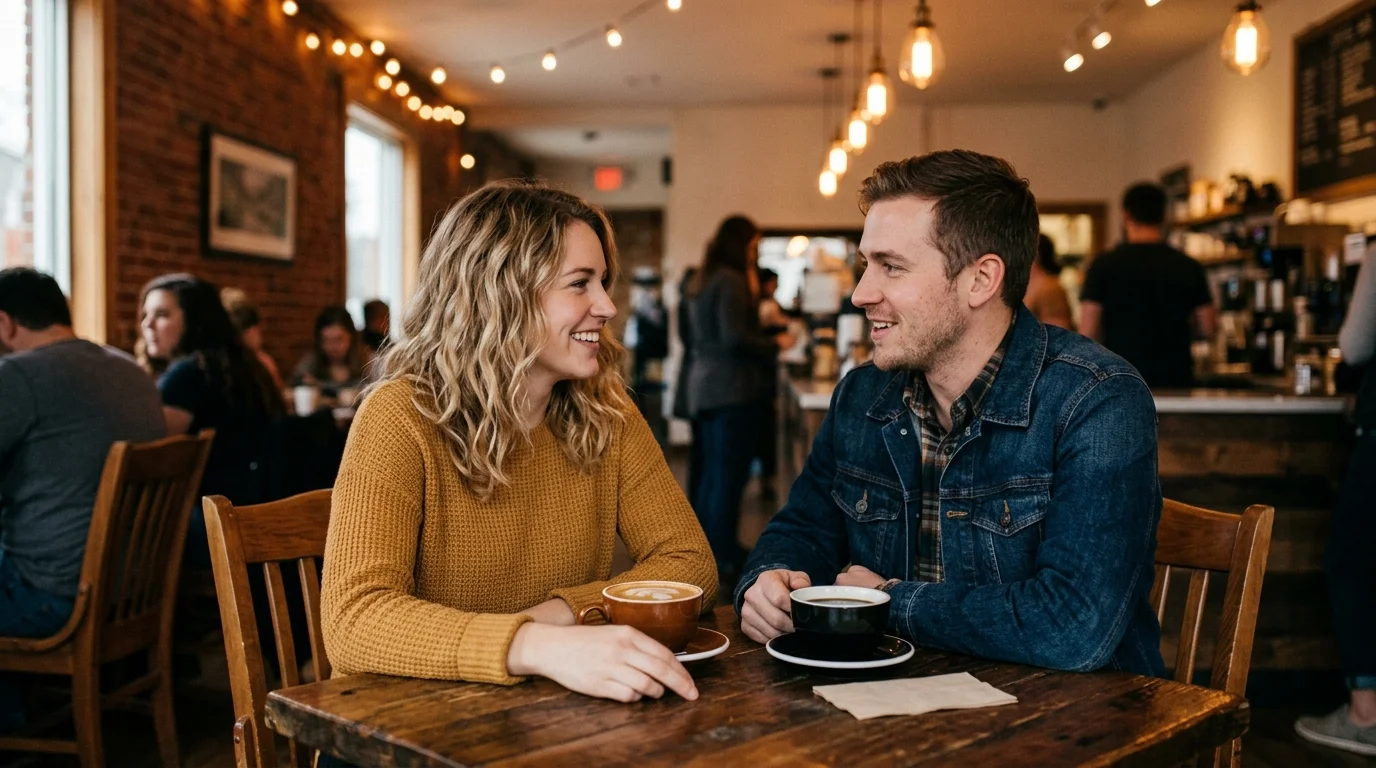 Couple leaning in during conversation at a coffee shop table