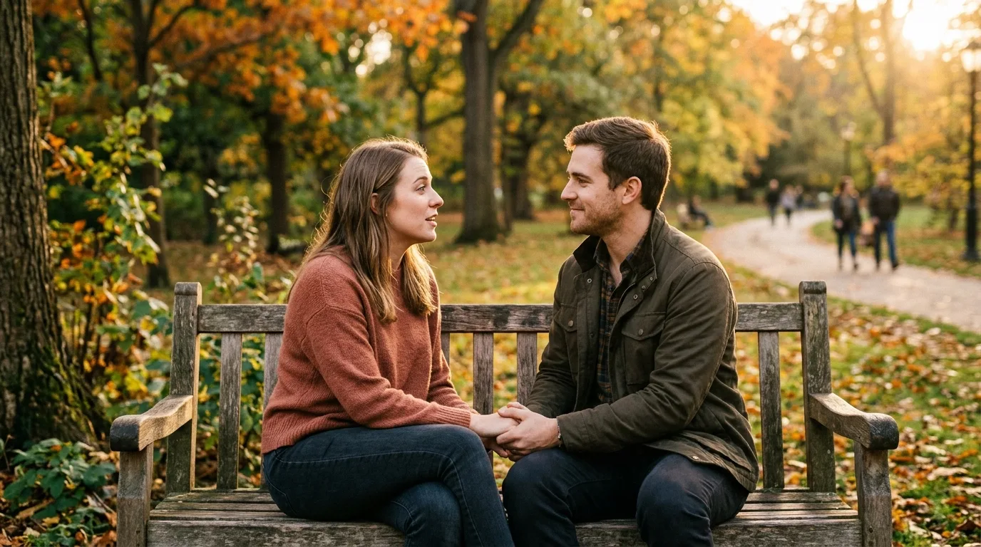 Couple talking on park bench trying to reconnect and rebuild relationship