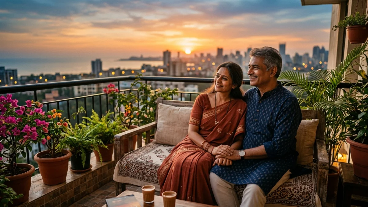 Middle aged South Asian couple holding hands on a balcony at sunset after years of marriage