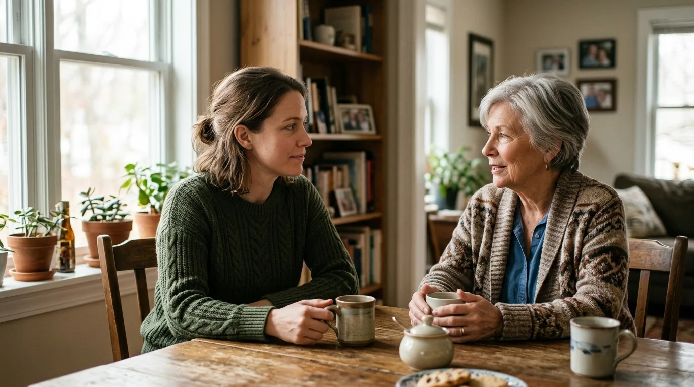 Divorced woman having a supportive conversation with family before remarriage