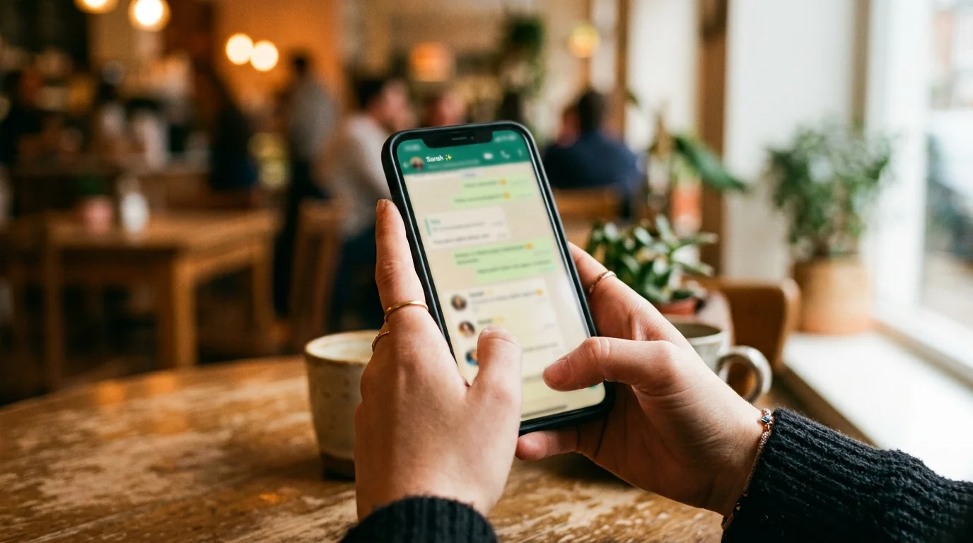 Close up of hands holding phone with chat messages blurred in background