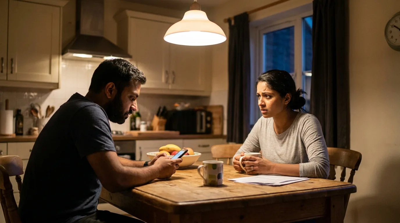husband checking phone while wife looks concerned about trust issues