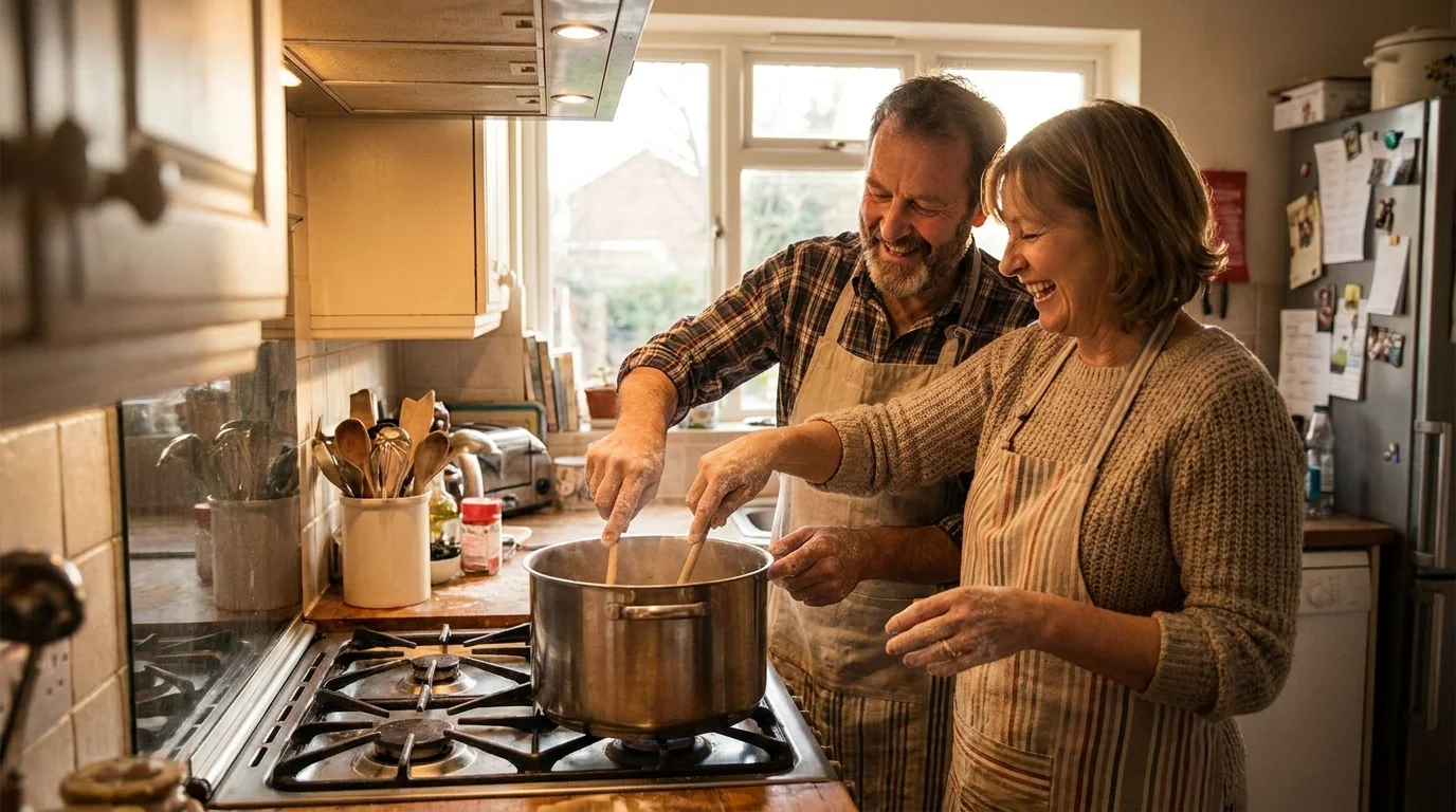 Husband and wife cooking together laughing in kitchen