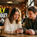 Girl and guy sitting together at a cafe table wondering if she is interested