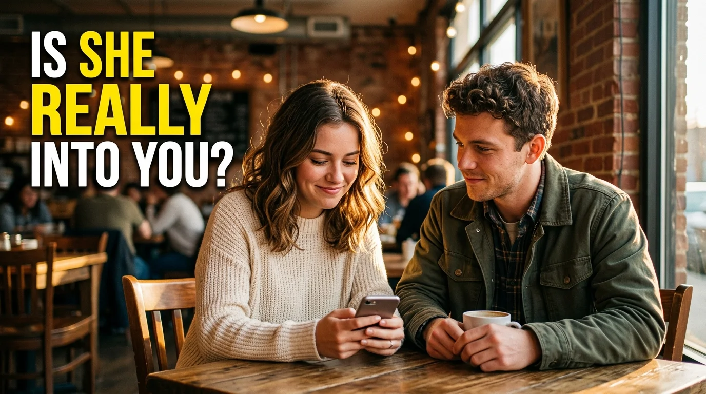 Girl and guy sitting together at a cafe table wondering if she is interested