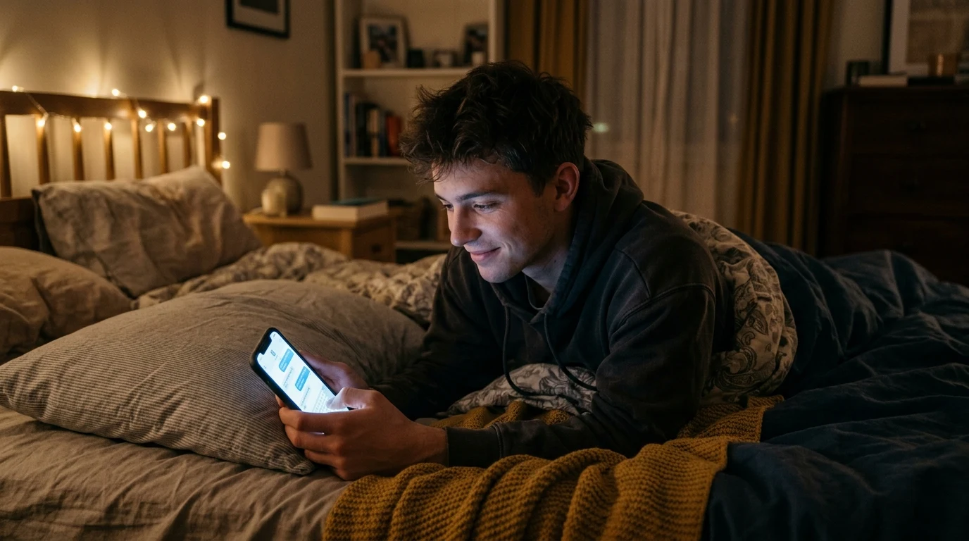 Man texting his serious dating match late at night in bed