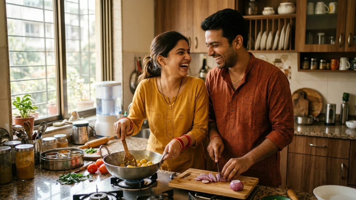 Newly married South Asian couple laughing together while cooking in their kitchen