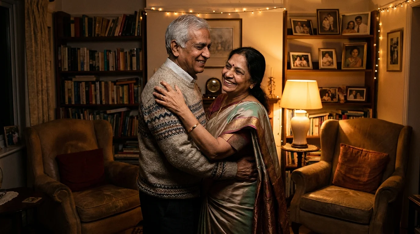 Older married couple dancing slowly in living room