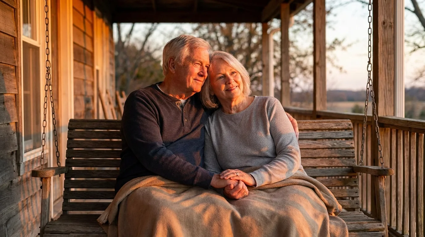 Older couple holding hands on porch swing at sunset