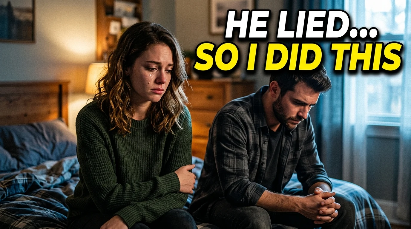 Couple sitting on bed with emotional tension after lying in a relationship