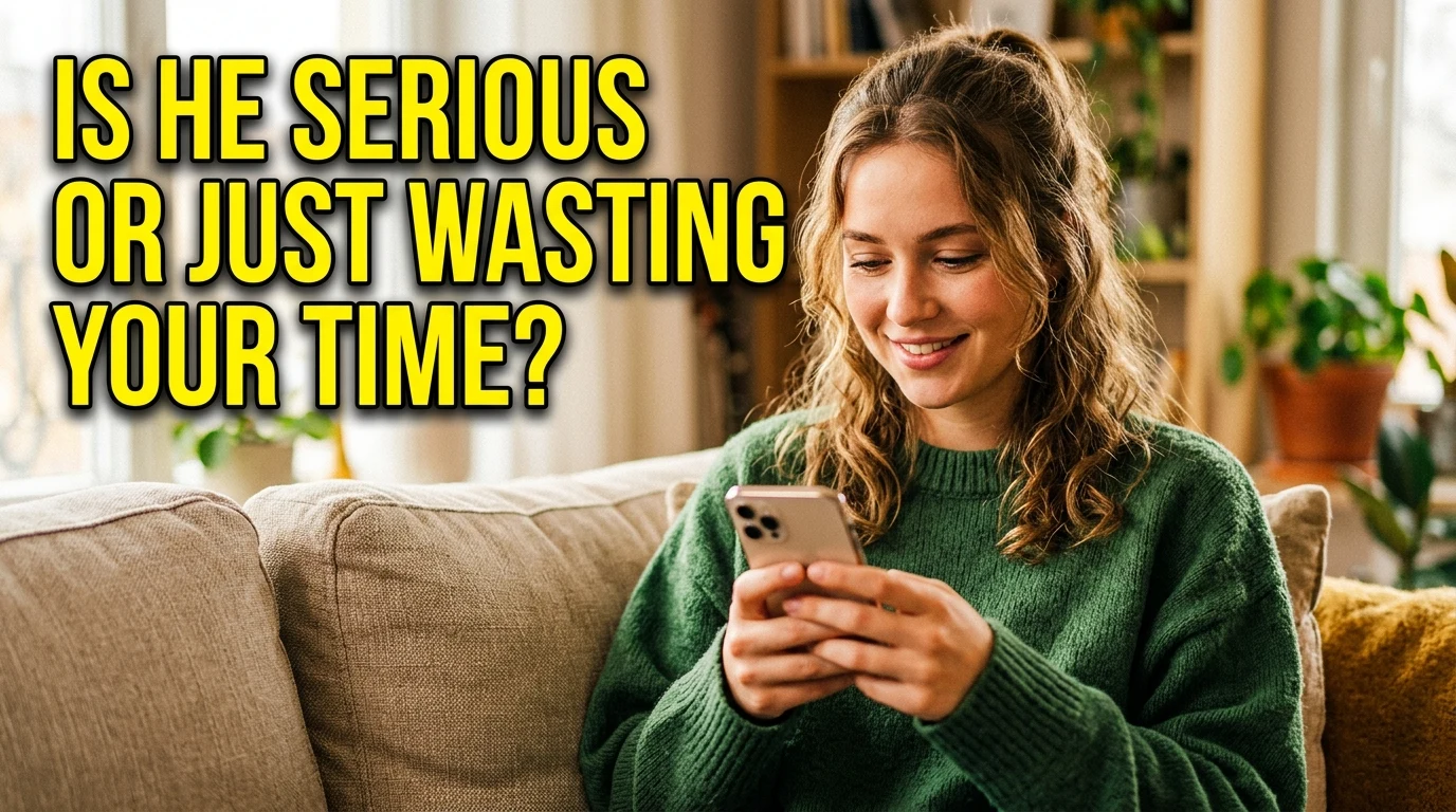 Woman checking her phone for a serious sign from her online dating match