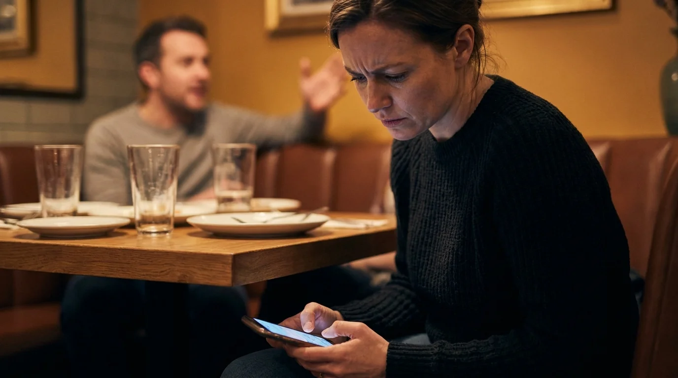 Woman checking phone under the table worried during a date
