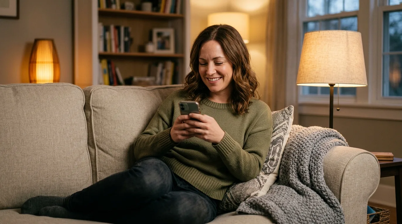 Woman feeling hopeful while messaging a potential match for marriage