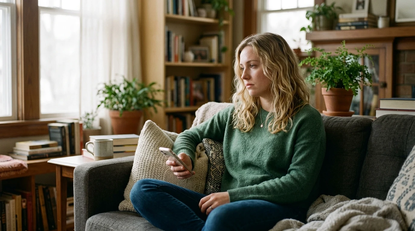 Woman sitting alone on couch holding her phone feeling hurt