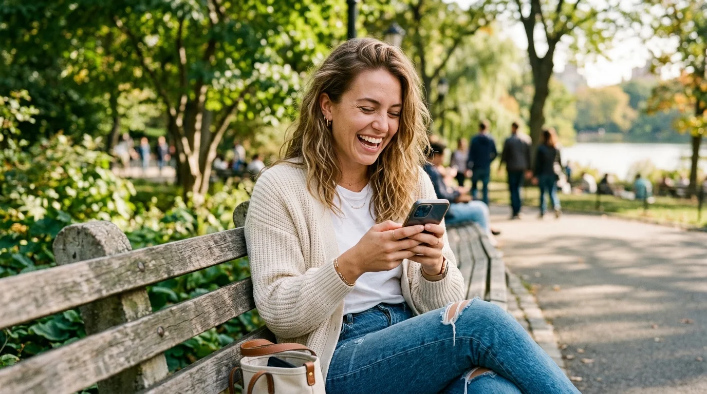 Young woman laughing while texting on her phone in the park