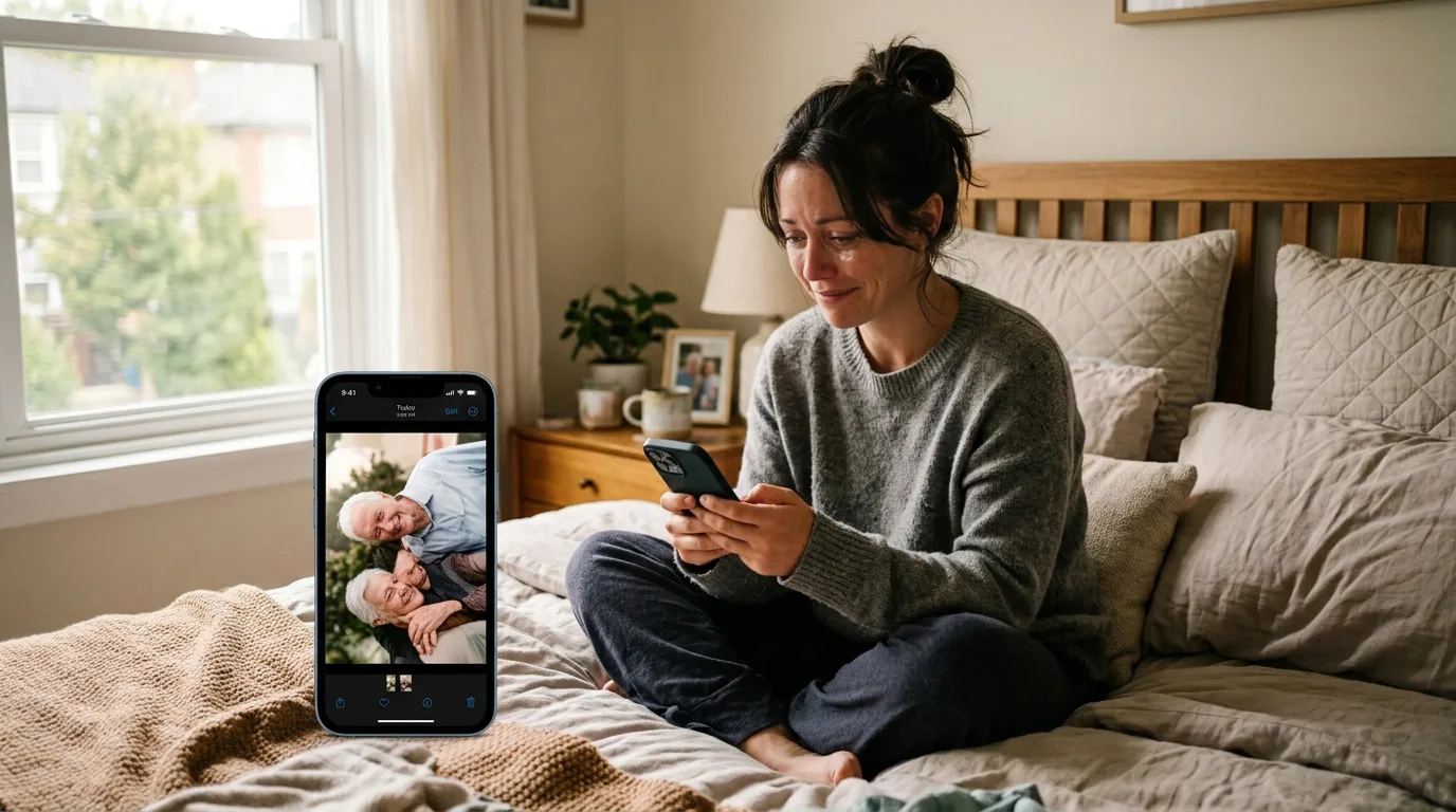 Woman looking at old photos missing connection with partner