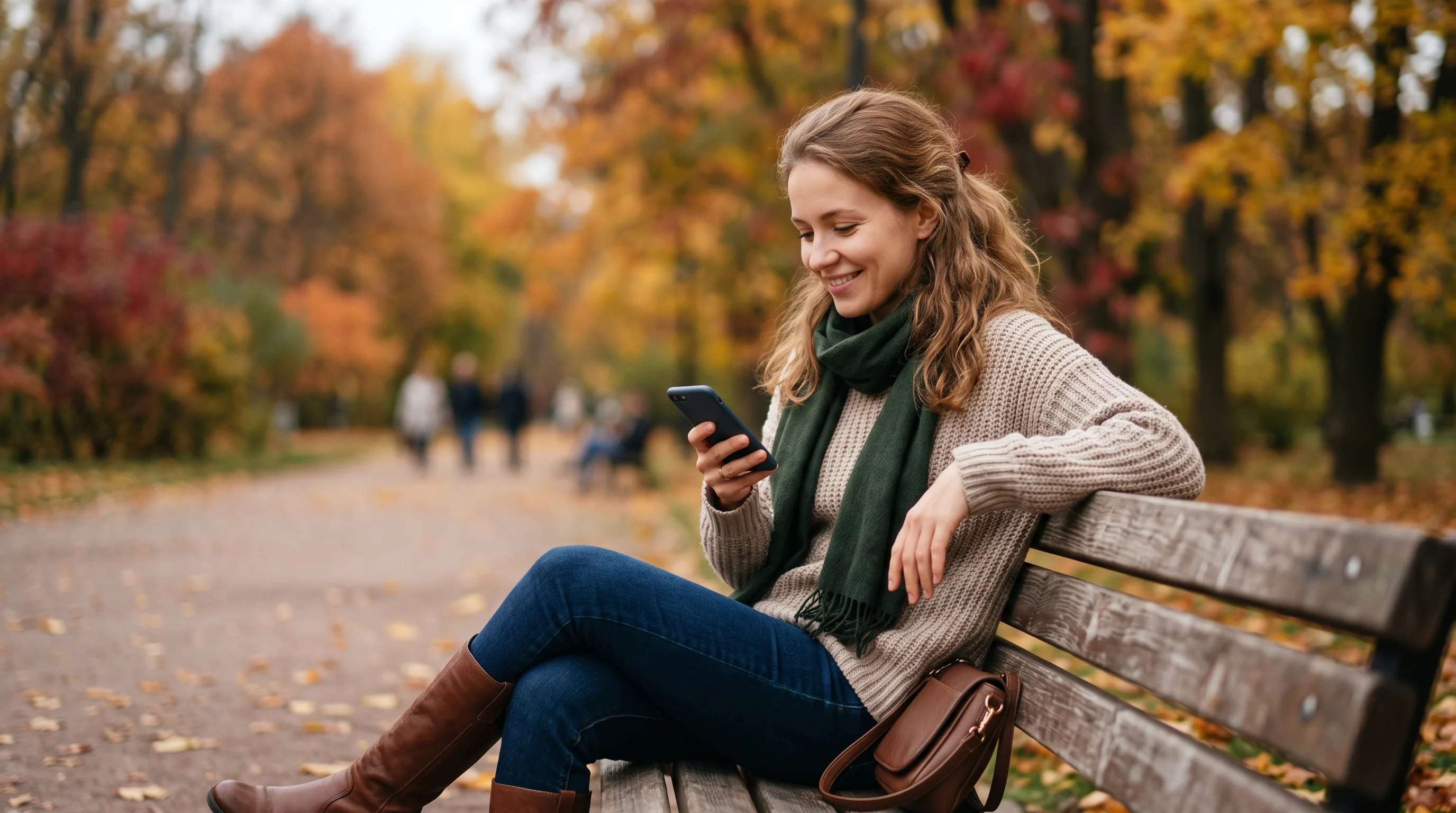 Woman smiling at her phone after moving on from a breakup
