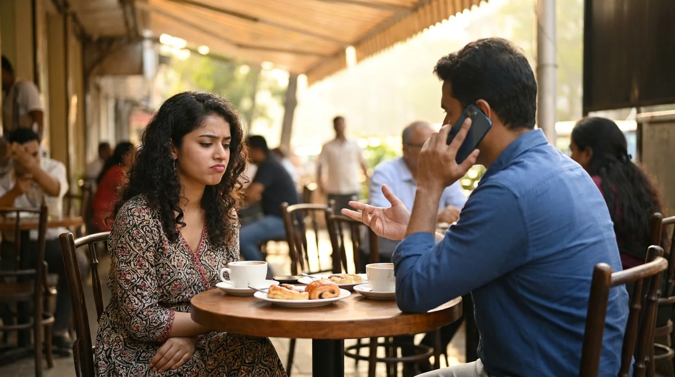 Woman looking uncomfortable at a cafe table on a first date
