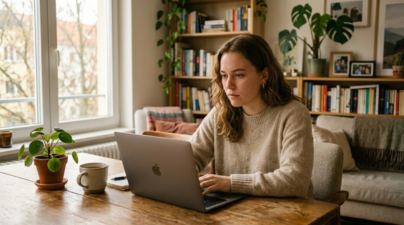 Woman video calling her serious online dating match with a warm smile