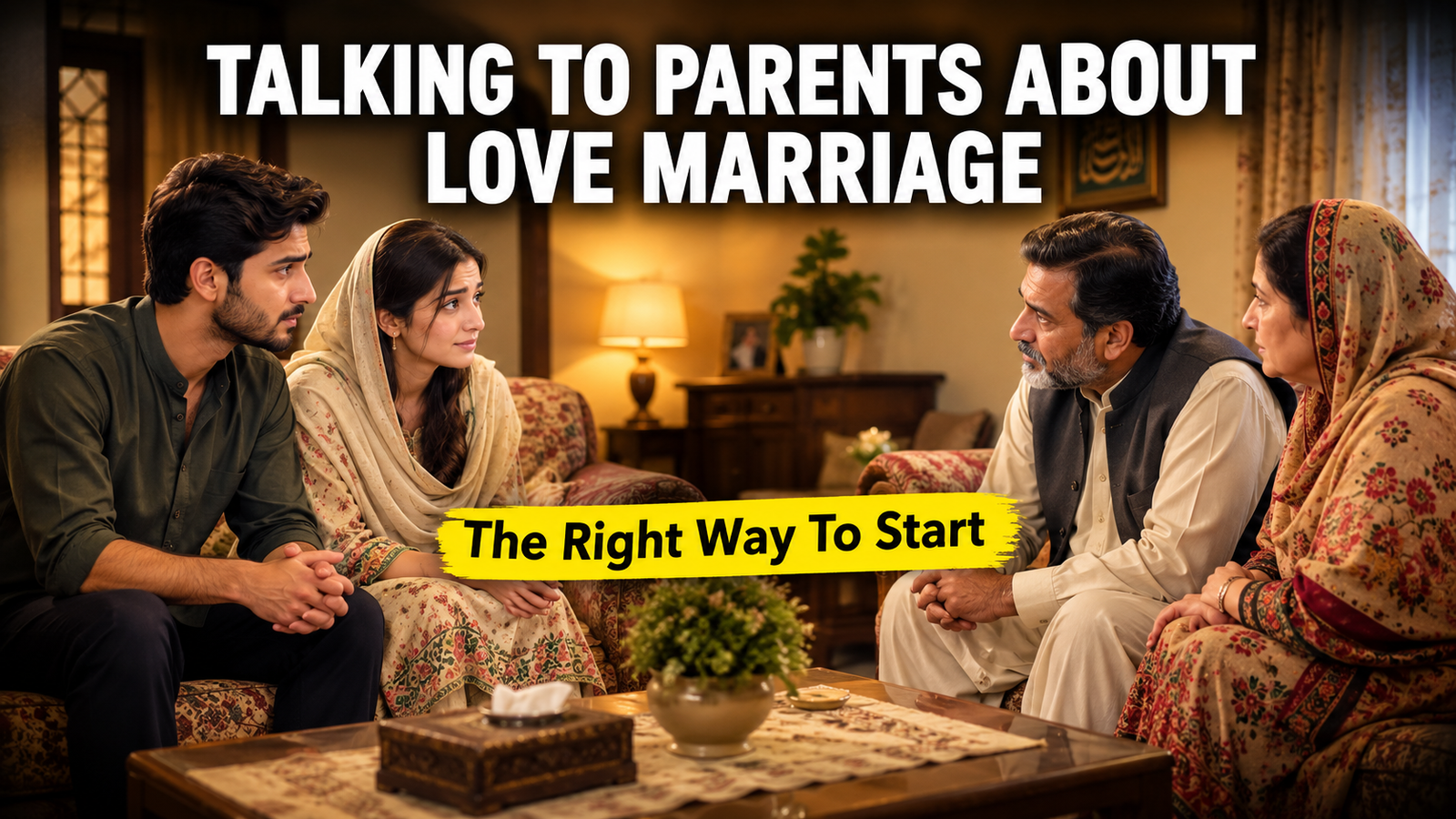 Young couple talking to parents about love marriage proposal