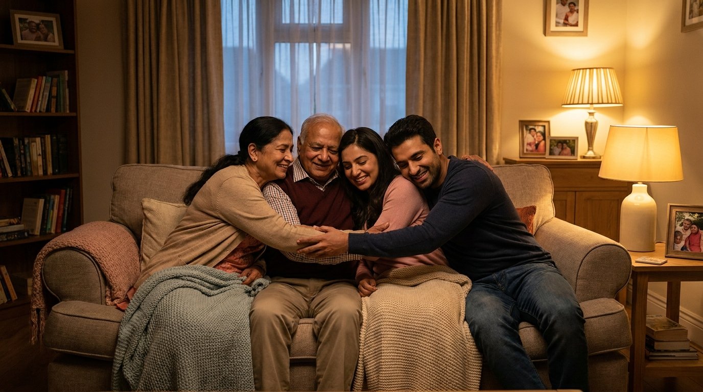 Family embracing after accepting love marriage proposal