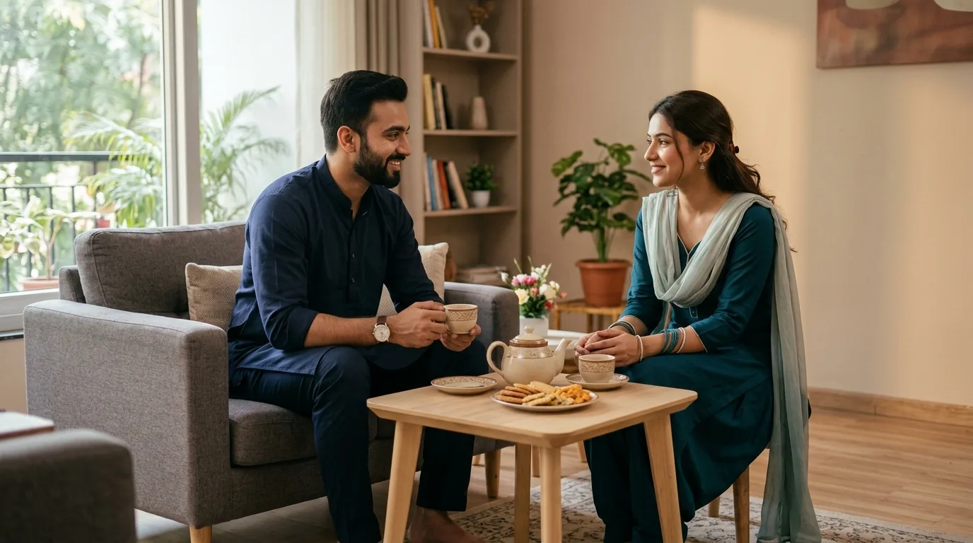 Divorced man meeting a woman for tea during a second marriage rishta