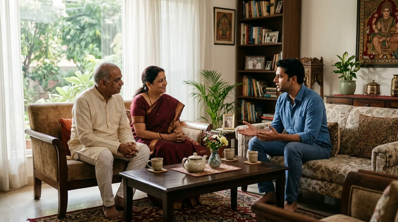 Divorced man talking to his parents about remarrying