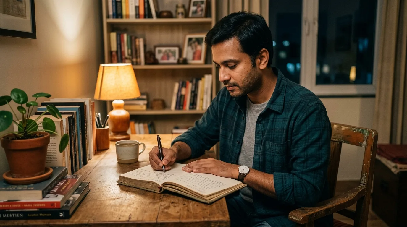 Divorced man writing in a journal reflecting on his second marriage journey