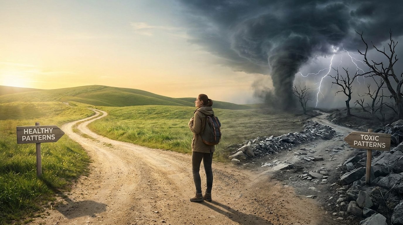 Woman standing at a crossroads choosing between a healthy and toxic relationship path