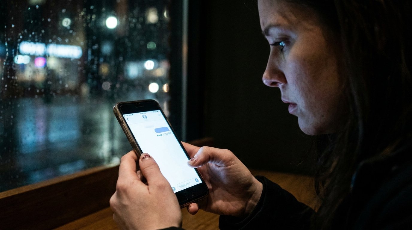 Woman anxiously checking her phone waiting for a reply from a toxic partner