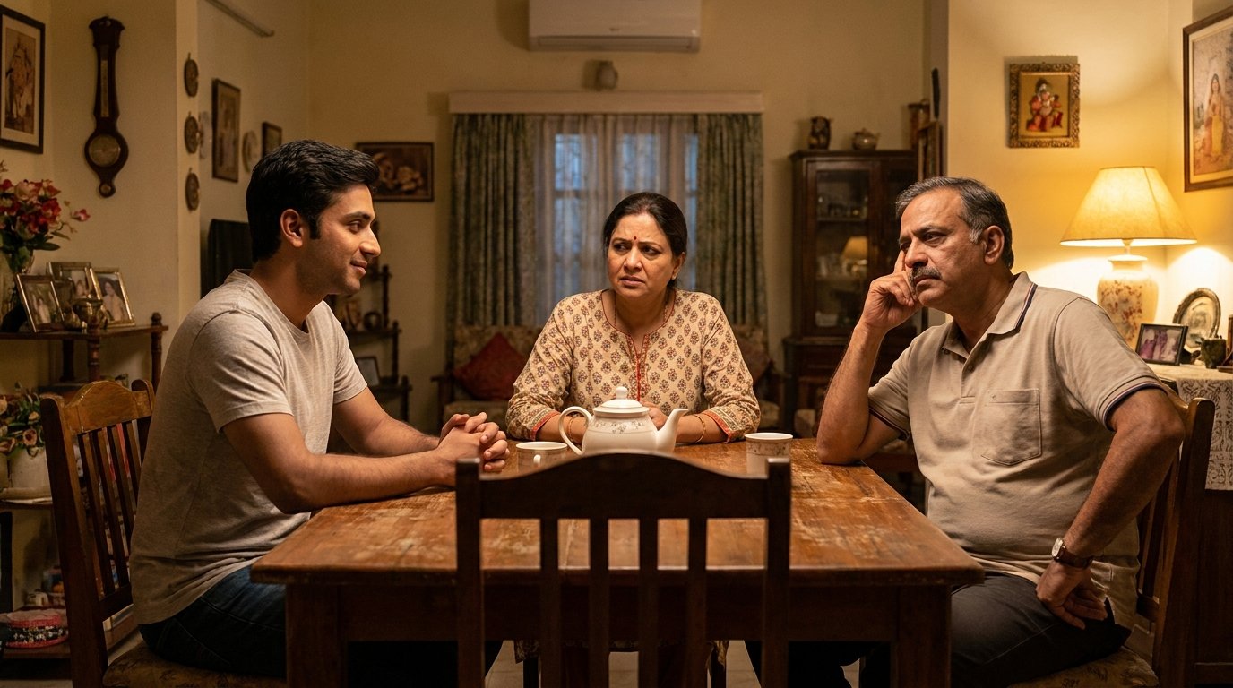 Adult child discussing love marriage decision with parents at home
