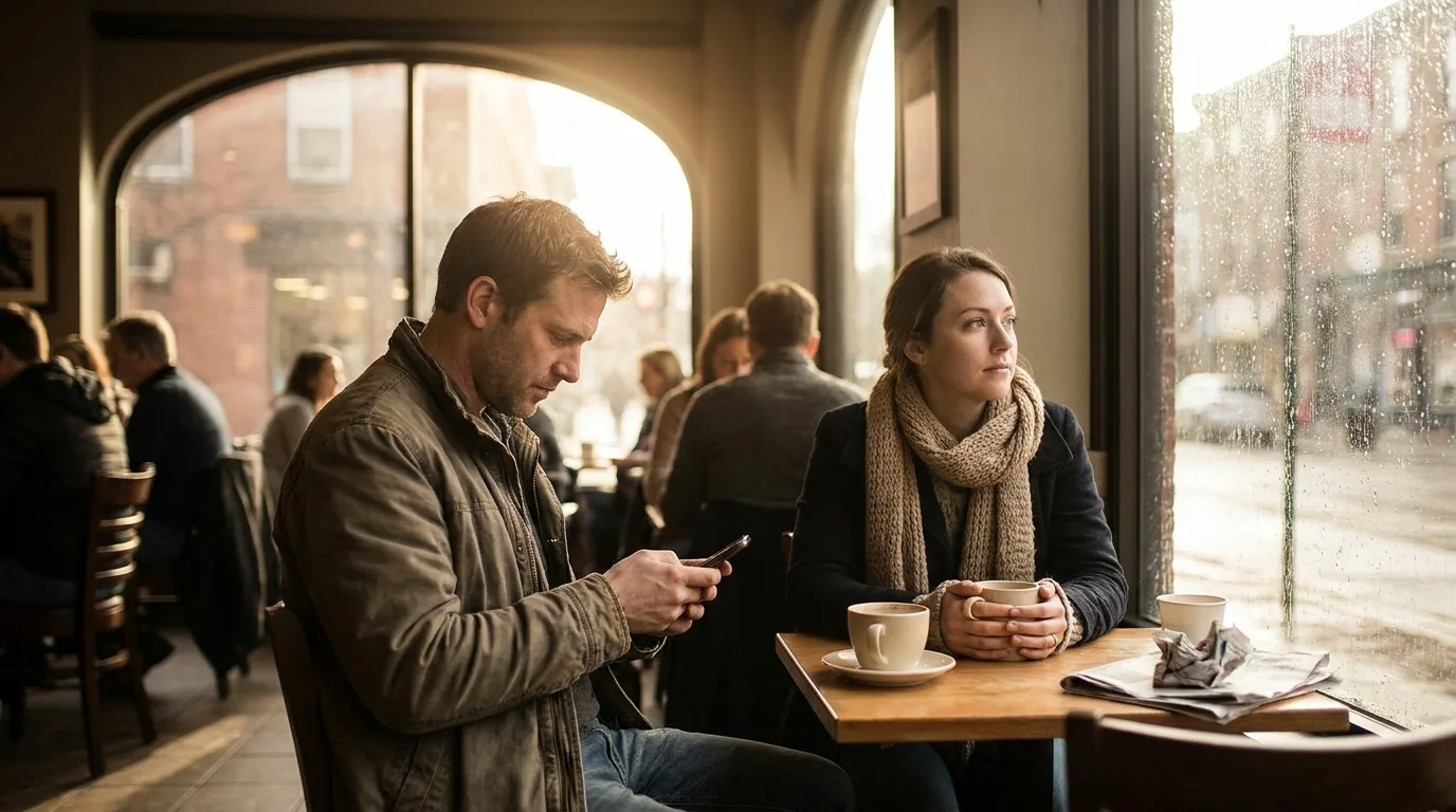 Couple sitting at a cafe table with emotional distance while checking phone