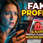 Woman looking at phone showing fake rishta profile warning alert