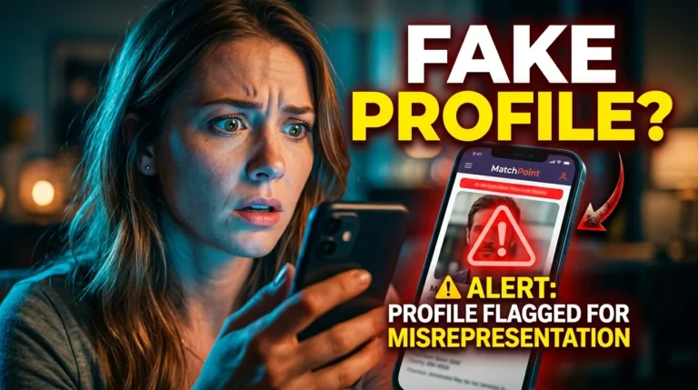 Woman looking at phone showing fake rishta profile warning alert