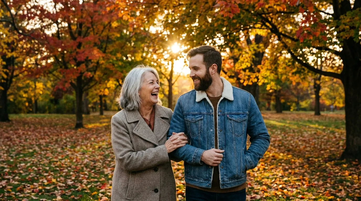 older woman younger man walking together park