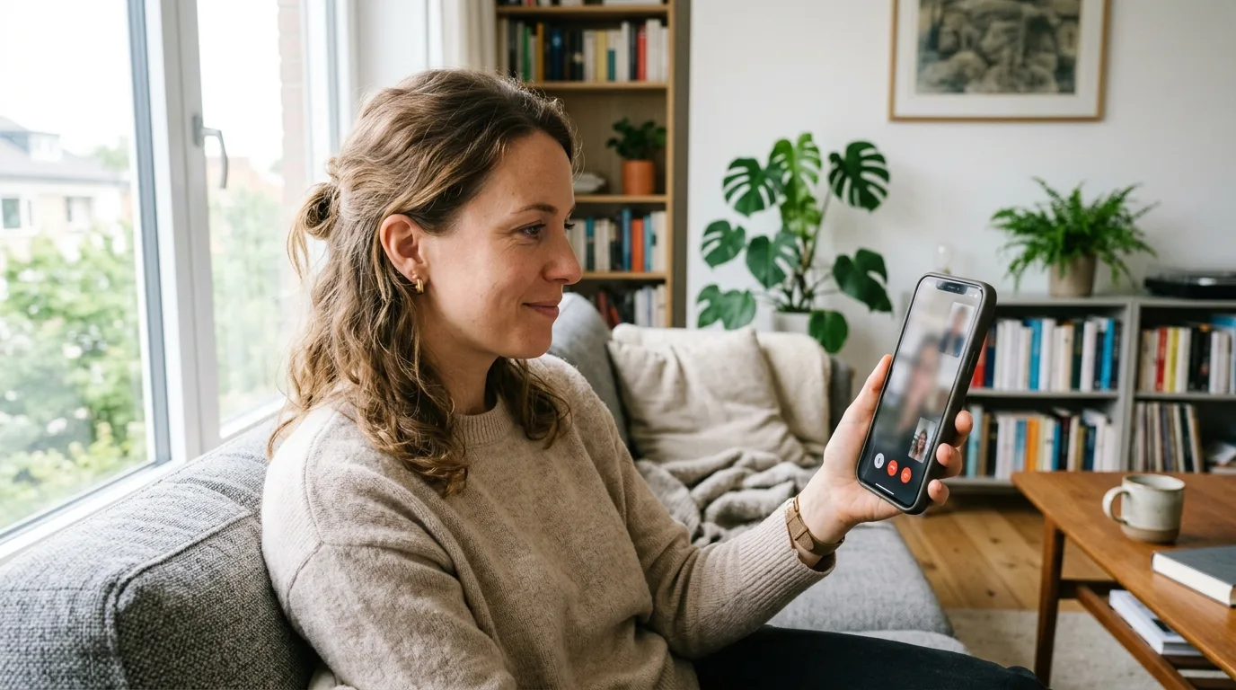 Woman doing video call to verify online rishta profile before trusting
