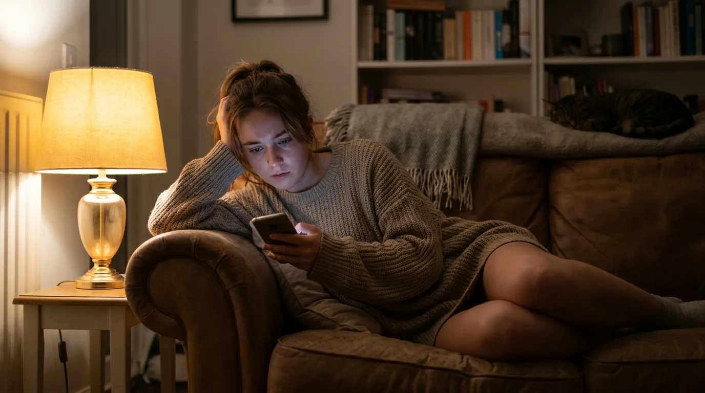 Woman checking her phone late at night feeling anxious about a delayed reply