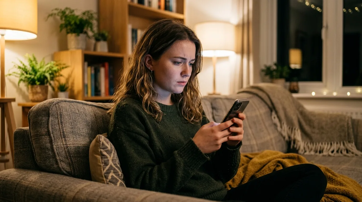 Woman concerned looking at phone checking suspicious rishta profile