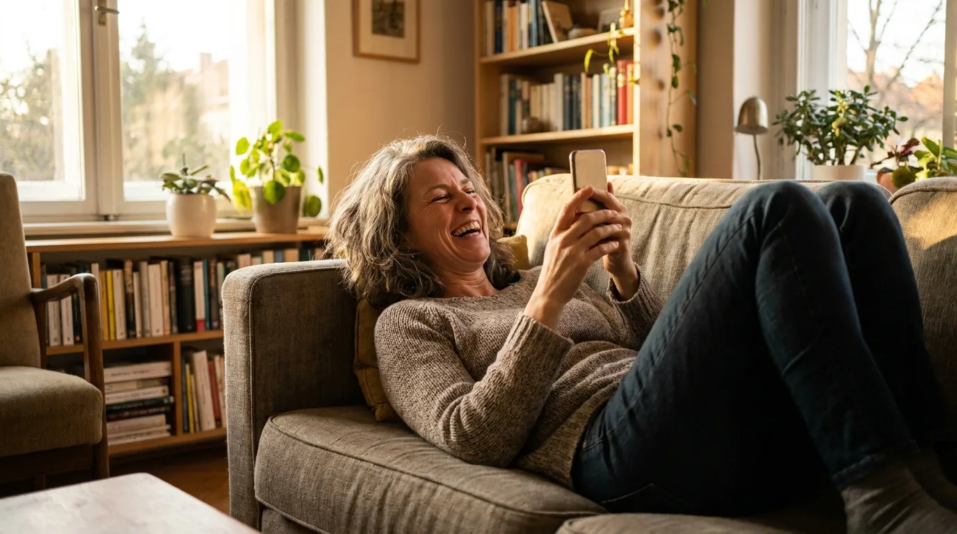 divorced woman smiling looking at phone