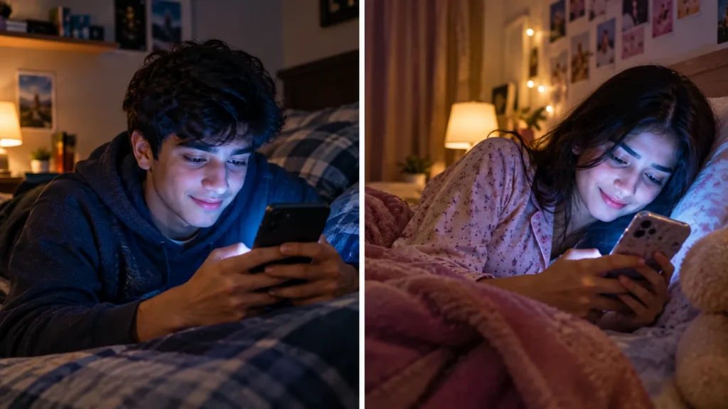 Boy and girl talking on phone before marriage in separate rooms