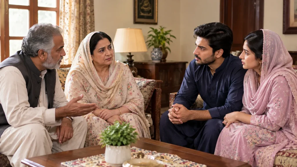 Family elders talking calmly with a young married couple